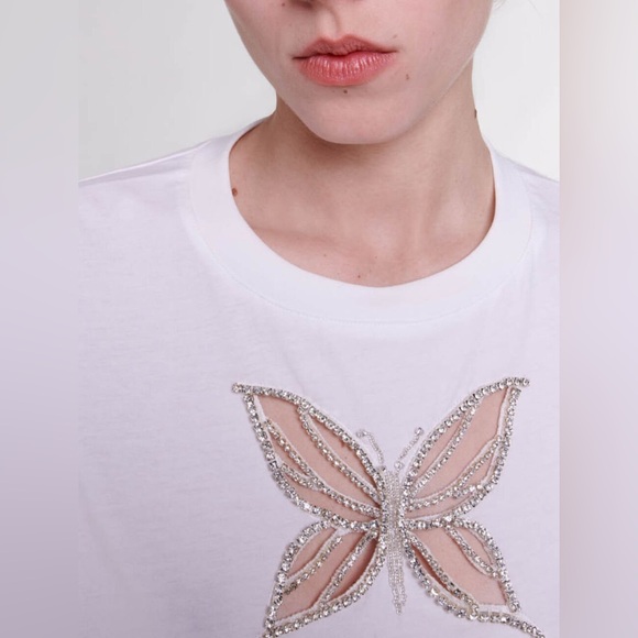 Maje rhinestone cotton t shirt white with embellishments size 2 medium - Picture 2 of 9